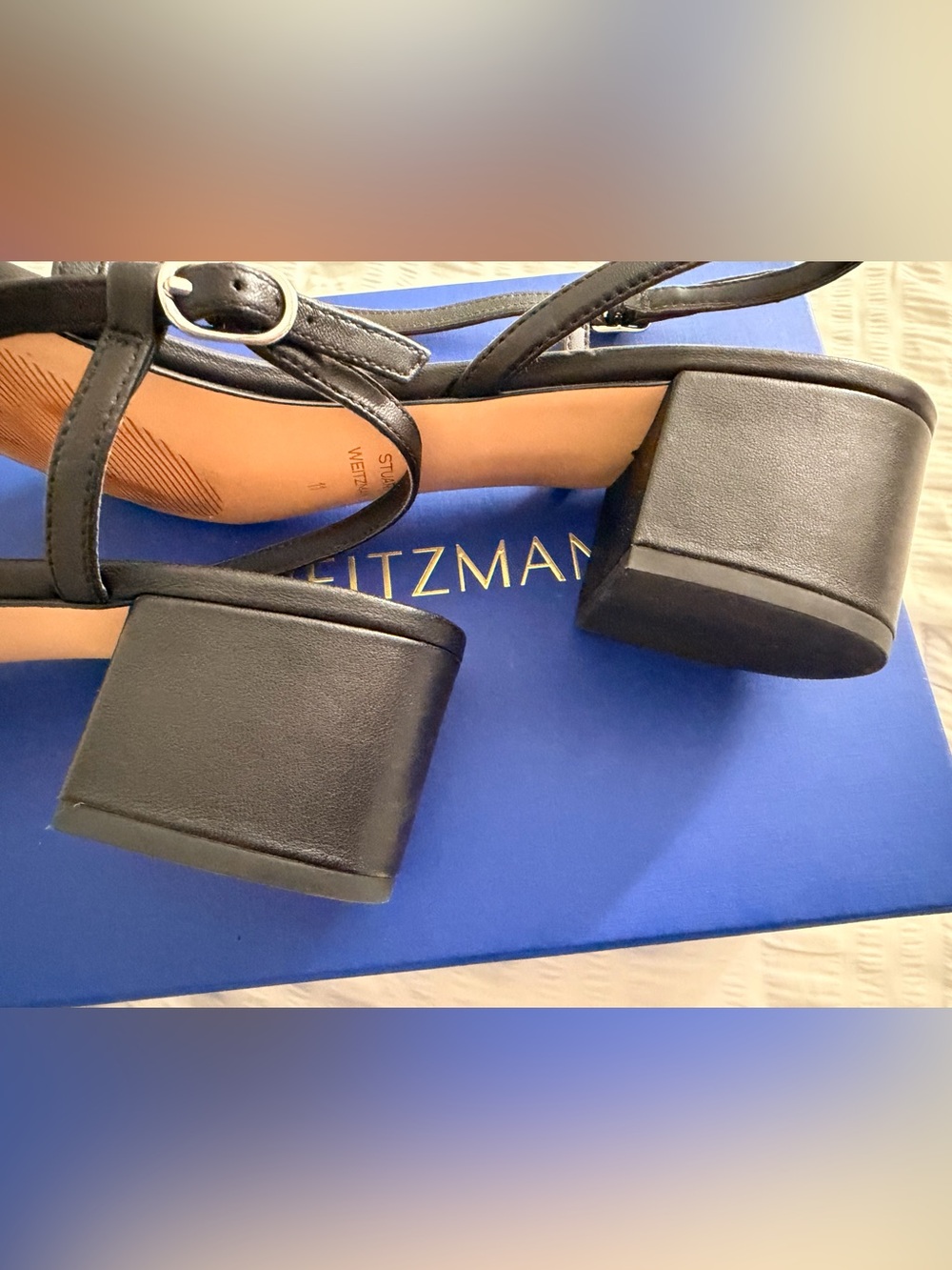 Stuart Weitzman Aliza Block Heel Sandal Black Leather Size 11 Women
